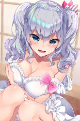 Rule 34 | 1girl, blue eyes, blush, breasts, cleavage, collarbone, commentary request, dress, hair between eyes, hakui ami, heart, heart-shaped pupils, highres, kantai collection, kashima (kancolle), large breasts, looking at viewer, open mouth, ribbon, sidelocks, silver hair, simple background, sitting, smile, solo, symbol-shaped pupils, thighs, twintails, wavy hair, white background, white dress