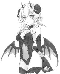Rule 34 | 1girl, alternate costume, arms behind back, breasts, cleavage, cropped legs, curled horns, demon girl, detached sleeves, genshin impact, greyscale, highres, horns, lace-trimmed leotard, lace trim, leotard, lumine (genshin impact), medium breasts, monochrome, multiple horns, sbs, short hair with long locks, simple background, solo, tail, thighhighs, wings
