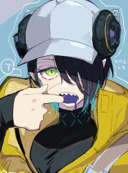 Rule 34 | 1girl, arknights, asbestos (arknights), backpack, bag, baseball cap, black shirt, blue background, blue tongue, border, character name, colored tongue, commentary, eyepatch, finger in own mouth, green eyes, grey background, hair over one eye, hat, headphones, headphones over headwear, highres, infection monitor (arknights), jacket, long sleeves, looking at viewer, mouth pull, nekoma hikaru, pointy ears, sharp teeth, shirt, slit pupils, solo, teeth, translated, two-tone background, upper body, white hat, yellow jacket