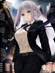 Rule 34 | 1girl, assault rifle, belt, black jacket, black pants, blunt bangs, blurry, blurry background, blush, breasts, buckle, cityscape, closed mouth, collared shirt, cowboy shot, earrings, facial mark, floating hair, girls&#039; frontline, gloves, green eyes, gun, h&amp;k hk416, heckler &amp; koch, highres, hk416 (girls&#039; frontline), holding, holding gun, holding weapon, jacket, jewelry, large breasts, long hair, looking at viewer, necktie, outdoors, pants, piukute062, rifle, shirt, sidelocks, signature, silver hair, solo, teardrop, very long hair, weapon, white shirt, wind, wind lift