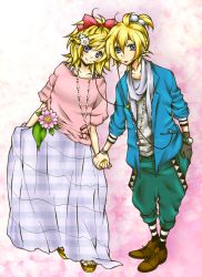 Rule 34 | 1boy, 1girl, bad id, bad pixiv id, brother and sister, colorized, dress, hetero, holding hands, jellylily, kagamine len, kagamine rin, short hair, siblings, smile, twins, vocaloid