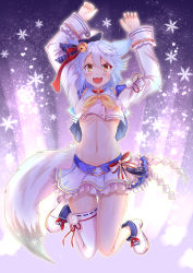 Rule 34 | 1girl, :d, animal ears, arms up, azur lane, bell, blue hair, breasts, brown eyes, choker, cocoasabure, collared shirt, commentary request, crop top, crop top overhang, cropped jacket, fang, fox ears, fox tail, frilled skirt, frills, fubuki (azur lane), fubuki (fubuki halation!) (azur lane), hair between eyes, highres, idol, jacket, jingle bell, legs up, long sleeves, looking at viewer, midriff, miniskirt, navel, neckerchief, open clothes, open jacket, open mouth, sailor collar, shirt, shoes, short hair, single thighhigh, skirt, sleeveless, sleeveless shirt, smile, snowflakes, solo, stomach, tail, thighhighs, thighs, underboob, white headwear, white jacket, white shirt, white thighhighs