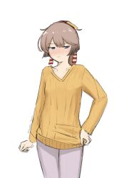 Rule 34 | 1girl, absurdres, blush, brown hair, commentary request, grey eyes, grey pantyhose, hair ribbon, highres, kantai collection, kazagumo (kancolle), long hair, nose blush, pantyhose, ponytail, ribbon, simple background, solo, standing, sweater, tsuru (thunder tsuru), white background, yellow sweater