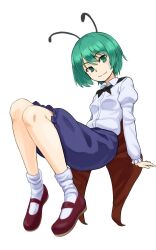 Rule 34 | 1girl, antennae, black cape, black footwear, blue shorts, cape, closed mouth, commentary request, full body, green eyes, green hair, highres, juliet sleeves, kakone, long hair, long sleeves, looking at viewer, puffy sleeves, shirt, shorts, simple background, socks, solo, touhou, white background, white shirt, white socks, wriggle nightbug