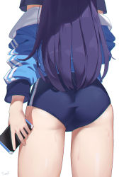 Rule 34 | 1girl, absurdres, ass, ass focus, blue archive, buruma, highres, holding, holding phone, jacket, jacket partially removed, long hair, phone, purple hair, simple background, solo, tomid, track jacket, very long hair, white background, yuuka (blue archive), yuuka (track) (blue archive)