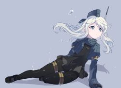 Rule 34 | 10s, 1girl, arm at side, arm support, asaoka (0x0), black dress, black footwear, black pantyhose, blue background, blue eyes, closed mouth, cropped jacket, dress, floating hair, garrison cap, gloves, hat, kantai collection, leaning to the side, long hair, looking away, looking to the side, pantyhose, puffy sleeves, radio antenna, shadow, shoes, simple background, sitting, solo, swept bangs, thigh gap, u-511 (kancolle), white hair, yokozuwari