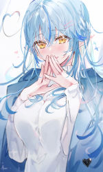Rule 34 | 1girl, ahoge, blouse, blue hair, blue jacket, blush, breasts, elf, fingers together, hair between eyes, hair ornament, hairclip, hands up, heart, heart ahoge, highres, hololive, jacket, jacket on shoulders, large breasts, long hair, long sleeves, looking at viewer, multicolored hair, pointy ears, shia job, shirt, solo, streaked hair, upper body, virtual youtuber, white shirt, yellow eyes, yukihana lamy