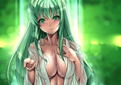 Rule 34 | 1girl, blush, breasts, cleavage, female focus, green eyes, green hair, hair in own mouth, hand on own chest, kochiya sanae, large breasts, light smile, long hair, looking at viewer, matching hair/eyes, parted lips, revision, saburou (hgmg), see-through, see-through silhouette, solo, touhou, upper body, wet, wet clothes