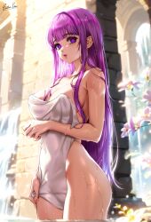 Rule 34 | 1girl, bare shoulders, bath, blunt bangs, blush, breasts, cleavage, esther shen, fern (sousou no frieren), large breasts, long hair, looking at viewer, naked towel, open mouth, purple eyes, purple hair, purple pupils, sidelocks, solo, sousou no frieren, straight hair, towel, wet, wet towel, white towel