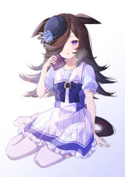 Rule 34 | 1girl, animal ears, black hat, blue background, blue bow, blue flower, blue rose, blue shirt, blush, bow, brown hair, collarbone, commentary request, ears down, flower, frilled skirt, frills, full body, gradient background, hair over one eye, hand up, hat, hat flower, highres, holding, horse ears, horse girl, horse tail, looking at viewer, no shoes, parted lips, pleated skirt, puffy short sleeves, puffy sleeves, purin jiisan, purple eyes, rice shower (umamusume), rose, school uniform, shirt, short sleeves, sitting, skirt, solo, sweat, tail, thighhighs, tilted headwear, tracen school uniform, umamusume, white background, white skirt, white thighhighs, yokozuwari