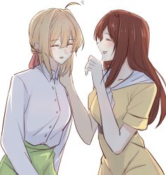 Rule 34 | 2girls, :d, ahoge, blonde hair, blush, brown hair, closed eyes, collared shirt, commentary request, dress, dress shirt, green skirt, hair between eyes, hair ribbon, hand on another&#039;s shoulder, highres, laughing, long hair, looking at another, luculia marlborough, multiple girls, open mouth, red ribbon, ribbon, shin (shinshan427), shirt, sidelocks, skirt, smile, standing, violet evergarden, violet evergarden (series), white neckwear, white shirt, yellow dress
