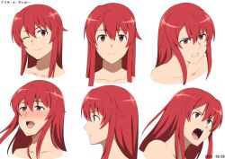 Rule 34 | 1girl, asymmetrical bangs, bare shoulders, blush, brown eyes, clenched teeth, collarbone, commentary request, dated, expressions, hair between eyes, hall onon, long hair, looking at viewer, multiple views, one eye closed, original, red hair, simple background, smile, teeth, upper teeth only, white background