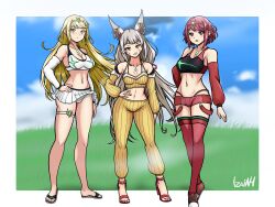 Rule 34 | 3girls, :d, absurdres, animal ear fluff, animal ears, blue sky, blurry, blurry background, blush, breasts, cleavage, cloud, collarbone, commentary, day, depth of field, english commentary, grass, grey hair, grin, hand on own hip, headpiece, high heels, highleg, highleg panties, highres, izaiah, large breasts, long hair, looking at viewer, multiple girls, mythra (xenoblade), navel, nia (blade) (xenoblade), nia (xenoblade), open mouth, panties, pants, pleated skirt, pyra (xenoblade), red eyes, red footwear, red hair, red panties, red shorts, red thighhighs, ribbed pants, shoes, short shorts, shorts, signature, skirt, sky, smile, thighhighs, underwear, very long hair, white footwear, white panties, white skirt, xenoblade chronicles (series), xenoblade chronicles 2, yellow eyes, yellow pants