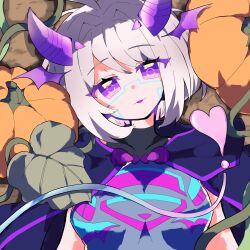 Rule 34 | 1girl, :q, absurdres, black bodysuit, bob cut, bodysuit, breasts, cape, detached horns, gradient horns, hair intakes, highres, holographic horns, horns, huge breasts, indie virtual youtuber, looking at viewer, medium hair, motherv3, multicolored eyes, multicolored horns, neon trim, pakkonn sosaku, pink eyes, pink horns, purple cape, purple eyes, purple horns, solo, tail, tongue, tongue out, two-tone eyes, virtual youtuber, white hair