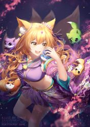 Rule 34 | 1girl, :d, animal, animal ears, animal on shoulder, artist name, blonde hair, blurry, blush, commentary, commission, copyright name, depth of field, detached sleeves, deviantart username, fox, fox ears, fox pop, hair between eyes, japanese clothes, long hair, multiple tails, official art, open mouth, pixiv id, purple skirt, rimuu, skirt, smile, solo, standing, tail, wide sleeves, yellow eyes