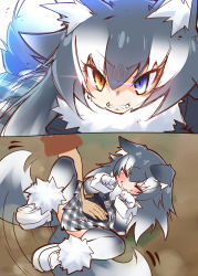 Rule 34 | 10s, 1girl, angry, animal ears, black hair, blue eyes, blush, closed eyes, fangs, fur collar, gloves, grey wolf (kemono friends), heterochromia, instant loss, kemono friends, light trail, long hair, long sleeves, looking at viewer, multicolored hair, nananana nanana, skirt, solo focus, tail, tail wagging, thighhighs, two-tone hair, wavy mouth, wolf ears, wolf tail, yellow eyes
