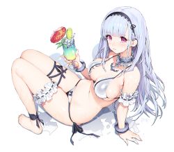 Rule 34 | 1girl, anchor choker, ankle ribbon, arm garter, arm support, azur lane, bare shoulders, barefoot, bikini, black ribbon, blunt bangs, bow, bow bikini, bracelet, breasts, bridal garter, cleavage, cocktail glass, cocktail umbrella, cup, dido (azur lane), drink, drinking glass, drinking straw, earrings, food, fruit, headdress, holding, holding drink, ice, ice cube, jewelry, large breasts, leg ribbon, lime (fruit), lime slice, long hair, looking at viewer, mandrill, navel, pink eyes, puddle, ribbon, side-tie bikini bottom, sideboob, silver hair, simple background, solo, swimsuit, water, white background