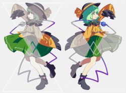 Rule 34 | 2girls, absurdres, arm up, black footwear, blush, boots, child, constricted pupils, dual persona, female focus, flat chest, frilled shirt, frilled sleeves, frills, from side, full body, green hair, green skirt, grey background, grey eyes, happy, highres, komeiji koishi, long sleeves, looking up, lotosu, multiple girls, muted color, open mouth, orange shirt, profile, shirt, sidelocks, sideways mouth, simple background, skirt, sleeves past fingers, sleeves past wrists, smile, standing, standing on one leg, symmetry, teeth, third eye, touhou, wavy hair, wide sleeves