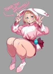 Rule 34 | 1girl, agawa ryou, animal ears, animal hood, animal print, blonde hair, blue eyes, blush, breasts, commentary, double v, ears down, egg, english text, fake animal ears, full body, grey background, grin, hood, looking at viewer, medium breasts, original, pink theme, rabbit hood, rabbit print, rabbit tail, short hair, smile, solo, tail, thighs, v