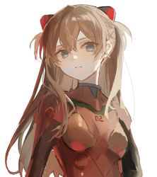 Rule 34 | 1girl, artist request, blue eyes, bodysuit, breasts, brown hair, expressionless, hair between eyes, highres, long hair, looking at viewer, neon genesis evangelion, plugsuit, red bodysuit, shiny clothes, simple background, solo, souryuu asuka langley, two side up, very long hair, white background