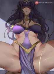 Rule 34 | 1boy, 1girl, araneesama, blush, bodystocking, breasts, cleavage, covered penetration, fire emblem, fire emblem awakening, girl on top, highres, implied sex, large breasts, long hair, looking at viewer, nintendo, pelvic curtain, smile, tharja (bridal) (fire emblem), tharja (fire emblem), thighs, tiara, two side up