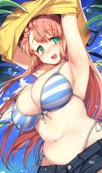 Rule 34 | 1girl, :d, absurdres, armpits, arms up, bikini, bikini top only, blue sky, blush, breasts, buttons, character request, cleavage, clothes lift, day, denim, denim shorts, dungeon and fighter, green eyes, highres, large breasts, leaf, long hair, looking at viewer, mendou kusai, open mouth, orange hair, outdoors, shirt, shirt lift, shorts, skindentation, sky, smile, solo, striped bikini, striped bikini top, striped clothes, swimsuit, undressing, water drop, yellow shirt