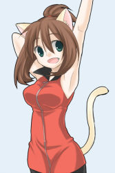 Rule 34 | 1girl, :d, animal ears, armpits, breasts, brown hair, cat ears, cat tail, creatures (company), fang, game freak, green eyes, kemonomimi mode, may (pokemon), nintendo, open mouth, pokemon, pokemon adventures, short hair, simple background, smile, solo, standing, stretching, tail