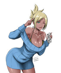 Rule 34 | 1girl, animal print, blonde hair, breasts, cellphone, cleavage, green eyes, gyaru, hashtag, highres, jewelry, kogal, large breasts, leopard print, looking at viewer, necklace, one eye closed, original, phone, ribbed sweater, shibusun, simple background, smartphone, smile, solo, sweater, thighs, twitter username, white background, zebra print