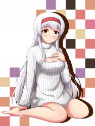 Rule 34 | 10s, 1girl, alternate costume, breasts, brown eyes, checkered background, cleavage, cleavage cutout, clothing cutout, hachimaki, headband, kantai collection, large breasts, long hair, looking at viewer, meme attire, open-chest sweater, ribbed sweater, shoukaku (kancolle), sitting, smile, solo, sweater, wariza, white hair, yukimi unagi