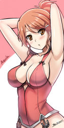 Rule 34 | 10s, 1girl, :o, alternate costume, aquila (kancolle), armpits, arms behind head, arms up, artist name, bare shoulders, blush, breasts, brown eyes, brown hair, character name, chestnut mouth, cleavage, covered navel, cowboy shot, groin, hair ornament, hairclip, highres, kantai collection, looking at viewer, matching hair/eyes, medium breasts, open mouth, out-of-frame censoring, ponytail, sleeveless, solo, the-sinner, two-tone background, upper body