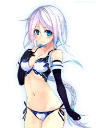 Rule 34 | 10s, 1girl, adapted costume, bare shoulders, black gloves, blue eyes, blush, bra, braid, braided ponytail, breasts, cleavage, collarbone, commentary, cowboy shot, elbow gloves, gloves, groin, hair between eyes, hand on own chest, kantai collection, lace, lace-trimmed bra, lace-trimmed panties, lace trim, lingerie, long hair, looking at viewer, medium breasts, mole, mole under eye, navel, panties, revision, shirokitsune, side-tie panties, simple background, single braid, smile, solo, standing, stomach, twitter username, umikaze (kancolle), underwear, underwear only, upper body, very long hair, white background, white bra, white hair, white panties