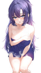 Rule 34 | 1girl, :o, absurdres, arm between legs, awnw, bare legs, bare shoulders, blue archive, blush, breasts, cleavage, collarbone, feet out of frame, highres, invisible chair, long hair, looking at viewer, medium breasts, naked towel, purple eyes, purple hair, purple towel, sitting, solo, steaming body, sweat, towel, twitter username, very long hair, yuuka (blue archive)