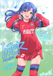 Rule 34 | 1girl, 2013, :d, birthday, blue hair, blush, clothes writing, confetti, covered navel, dated, fc internazionale milano, flat chest, hair flip, happy birthday, heart, idolmaster, idolmaster (classic), inoue sora, italian text, kisaragi chihaya, long hair, long sleeves, nike (company), open mouth, purple eyes, red thighhighs, revision, shorts, signature, smile, soccer, soccer uniform, solo, sportswear, sweat, thighhighs, zettai ryouiki