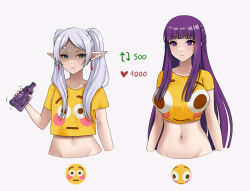 Rule 34 | 2girls, blunt bangs, breast envy, breasts, collarbone, commentary request, crop top, cropped torso, earrings, emoji, empty eyes, fern (sousou no frieren), flat chest, flushed face emoji, flushed face emoji shirt (meme), frieren, green eyes, grey background, grey hair, groin, heart, jewelry, large breasts, long hair, meme, midriff, multiple girls, navel, pointy ears, purple eyes, purple hair, ryuuneart, shirt, short sleeves, small breasts, sousou no frieren, stomach, twintails, upper body, very long hair, yellow shirt
