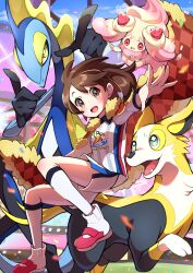 Rule 34 | 1girl, :d, absurdres, alcremie, alcremie (strawberry sweet), blush, boltund, brown eyes, brown hair, confetti, creatures (company), game freak, gen 8 pokemon, gloria (pokemon), gym challenge uniform, highres, inteleon, nintendo, open mouth, outstretched arms, pokemon, pokemon (creature), pokemon swsh, pon yui, shirt, shoes, short hair, shorts, side slit, side slit shorts, smile, socks, stadium, white socks
