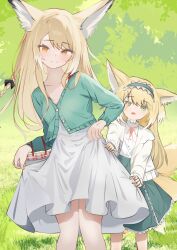 2girls animal_ears arknights black_bow blonde_hair blush bow buttons cardigan closed_mouth day feet_out_of_frame frilled_hairband frills grass green_cardigan green_eyes green_hairband green_skirt hair_bow hairband highres lenovoaxioo long_hair long_sleeves looking_at_viewer making-of_available mother_and_daughter multicolored_hair multiple_girls neck_ribbon official_alternate_costume open_cardigan open_clothes open_mouth orange_eyes outdoors plant red_ribbon ribbon shirt skirt skirt_hold smile standing streaked_hair suzuran_(arknights) suzuran_(spring_praise)_(arknights) v-neck vulpisfoglia_(arknights) white_cardigan white_hair white_shirt white_skirt