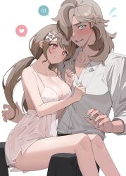 Rule 34 | 1boy, 1girl, absurdres, blue eyes, blush, breasts, cleavage, couple, cowboy shot, dress, heart, hetero, highres, large breasts, lingerie, long hair, lvemhrd, pokemon, pokemon sv, ponytail, red eyes, shirt, sweat, tagme, thighs, underwear, white shirt