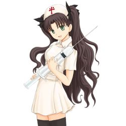 Rule 34 | 1girl, black thighhighs, brown hair, fate/stay night, fate (series), green eyes, hair ribbon, hat, long hair, looking at viewer, nurse, nurse cap, open mouth, ribbon, solo, syringe, thighhighs, tohsaka rin, transparent background, very long hair