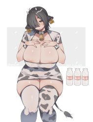 Rule 34 | 1girl, absurdres, ahoge, animal ears, animal print, areola slip, barcode, bell, black choker, black eyes, black hair, black nails, blush, bottle, breasts, chinese zodiac, choker, covered erect nipples, covered navel, cow ears, cow horns, cow print, dated, ear tag, fingernails, hair between eyes, hair over one eye, half-closed eyes, highres, horns, huge breasts, invisible chair, looking at viewer, milk bottle, muroku (aimichiyo0526), nail polish, neck bell, open mouth, original, patterned, patterned clothing, shiny skin, short hair, sitting, skindentation, solo, thighhighs, tight clothes, twitter username, white thighhighs, year of the ox