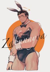 abs bara crossdressing detached_collar facial_hair halo hozu_(hozumi) large_pectorals leotard pantyhose pectorals playboy_bunny rabbit_tail skin_tight solo stubble thighs white_background zabaniyya_(housamo)