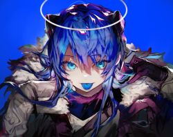 Rule 34 | 1girl, :p, arknights, arm up, blue background, blue eyes, blue hair, blue tongue, blurry, closed mouth, colored tongue, depth of field, eyes visible through hair, fur-trimmed jacket, fur trim, gloves, gradient hair, grey jacket, hair between eyes, halo, highres, horns, jacket, kkuekkue (chifer1958), long hair, looking at viewer, mostima (arknights), multicolored hair, purple gloves, purple hair, smile, solo, straight-on, tongue, tongue out, two-tone hair, upper body