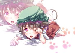 Rule 34 | 1girl, animal ears, bad id, bad pixiv id, brown hair, cat ears, cat tail, chen, hat, highres, lying, multiple tails, nekomata, on stomach, paw pose, red eyes, ruuto (sorufu), solo, tail, touhou, two tails