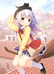 Rule 34 | 1girl, :d, animal, animal on head, bag, blue eyes, blush, bow, broom, broom riding, cat, cat on head, commentary, commentary request, croatia, futaba miwa, hair bow, hat, heterochromia, kneehighs, landscape, letter, letters, loafers, long hair, looking at viewer, majo no yuubin&#039;ya-san, on head, open mouth, original, purple eyes, real world location, rooftop, satchel, school uniform, shoes, silver hair, skirt, smile, socks, solo, white socks, witch