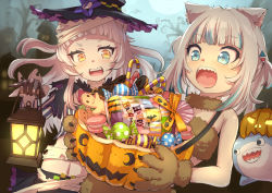 Rule 34 | 2021, animal ear fluff, animal ears, bare shoulders, blue eyes, blue hair, blush, candy, candy cane, candy wrapper, cat ears, cat girl, flat chest, food, gawr gura, gingerbread man, halloween, halloween bucket, highres, holding, holding lantern, hololive, hololive english, lantern, looking at another, macaron, mitsuru (pixiv 34028718), multicolored hair, murasaki shion, murasaki shion (1st costume), night, open mouth, outdoors, ribbon, shark, sharp teeth, short twintails, smile, streaked hair, teeth, tree, twintails, upper body, upper teeth only, virtual youtuber, white hair, wrapped candy, yellow eyes