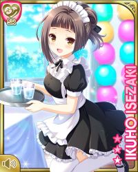 Rule 34 | 1girl, :d, alternate hairstyle, apron, black bow, black dress, bow, brown eyes, brown hair, card (medium), character name, day, dress, girlfriend (kari), hair ornament, indoors, isezaki ikuho, maid, maid apron, maid headdress, official art, open mouth, qp:flapper, smile, solo, standing, standing on one leg, table, thighhighs, white headwear, white legwear