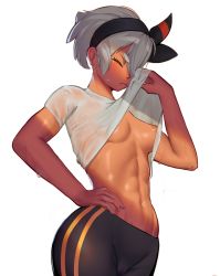 Rule 34 | 1girl, abs, areola slip, bea (pokemon), black hairband, black leggings, blouse, bow hairband, breasts, cameltoe, cleft of venus, closed eyes, closed mouth, clothes lift, creatures (company), dark-skinned female, dark skin, eyelashes, game freak, grey hair, hair between eyes, hairband, hand on own hip, highres, leggings, lifted by self, mon eree, muscular, muscular female, navel, nintendo, no bra, pokemon, pokemon swsh, print hairband, shirt, shirt lift, short hair, short sleeves, simple background, solo, sweat, t-shirt, toned, wet, wet clothes, wet shirt, white background, white shirt, wiping sweat