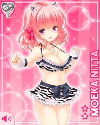 Rule 34 | 1girl, alternate costume, bikini, bikini top only, black bow, bow, breasts, card, character name, clenched hand, cosplay, girlfriend (kari), gloves, holding pill, horns, large breasts, miniskirt, nitta moeka, official art, oni, open mouth, pink background, pink hair, purple eyes, qp:flapper, revealing clothes, short hair, skirt, smile, solo, standing, swimsuit, tagme