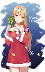 Rule 34 | 1girl, absurdres, alternate costume, blonde hair, blue background, breasts, christmas, dress, earrings, evan (pixiv7510743), gem, gift, gradient background, hair ornament, headpiece, highres, holding, holding gift, jewelry, long hair, looking at viewer, medium breasts, mythra (xenoblade), nintendo, ribbon, santa costume, santa dress, smile, snow, solo, tiara, very long hair, xenoblade chronicles (series), xenoblade chronicles 2, yellow eyes