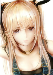 Rule 34 | 1girl, black shirt, blonde hair, blue eyes, close-up, dead or alive, dead or alive 5, heart, heart necklace, jewelry, leaning forward, light smile, lips, long hair, looking at viewer, marie rose, nannacy7, necklace, overalls, shirt, simple background, sleeveless, solo, strap, twintails, upper body, white background