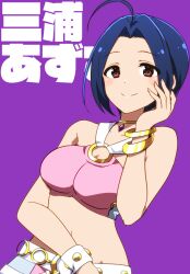 Rule 34 | 1girl, ahoge, bare shoulders, belt, blue hair, blush, breasts, character name, cleavage, closed mouth, collarbone, crop top, cropped shirt, dot nose, gold bracelet, gold necklace, hand on own face, hand up, idolmaster, idolmaster (classic), idolmaster million live!, idolmaster million live! theater days, jewelry, kidachi, large breasts, looking at viewer, midriff, miniskirt, miura azusa, multiple bracelets, navel, necklace, o-ring, o-ring top, pink diamond 765 (idolmaster), pink shirt, pink skirt, purple background, red eyes, shirt, short hair, simple background, skirt, smile, solo, translated, upper body, white belt, white wristband